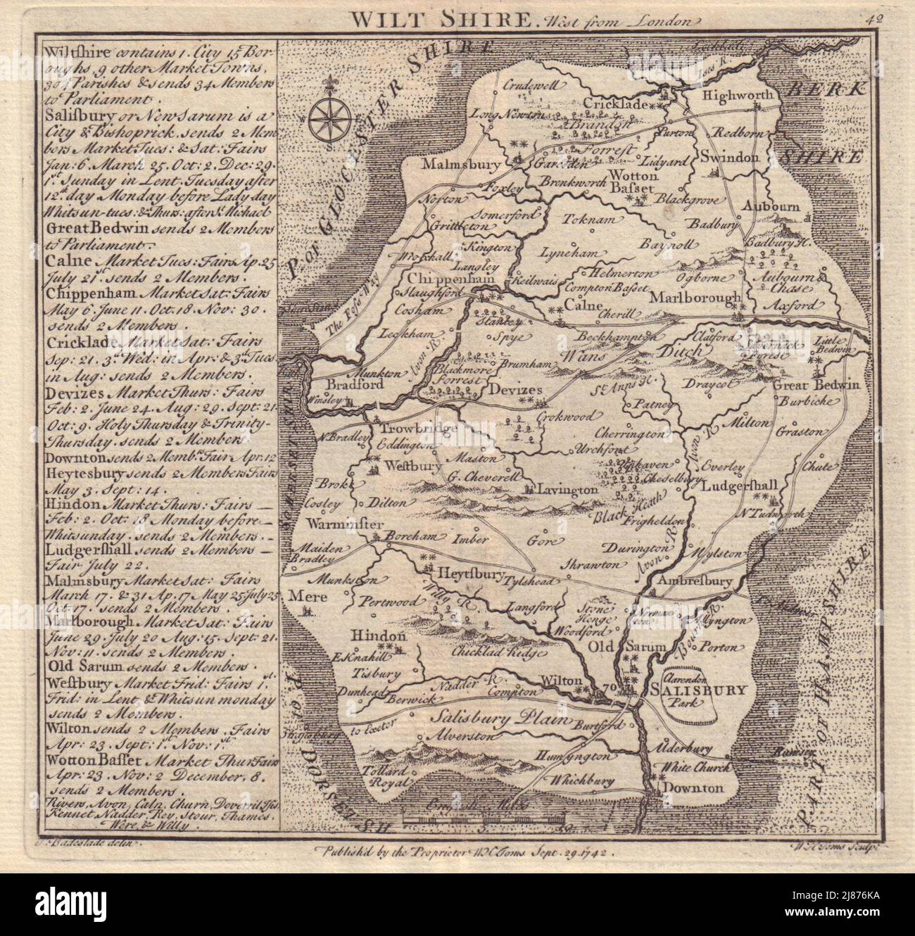 Antike Grafschaft Landkarte von Wiltshire durch Badeslade & Toms 1742 alte Karte Stockfoto