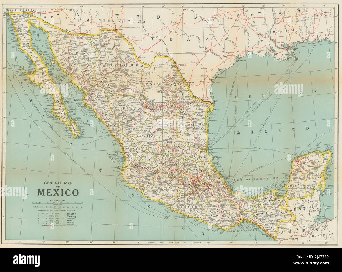 Allgemeine Karte von Mexiko 1938 alter Jahrgangsplan-Chart Stockfoto