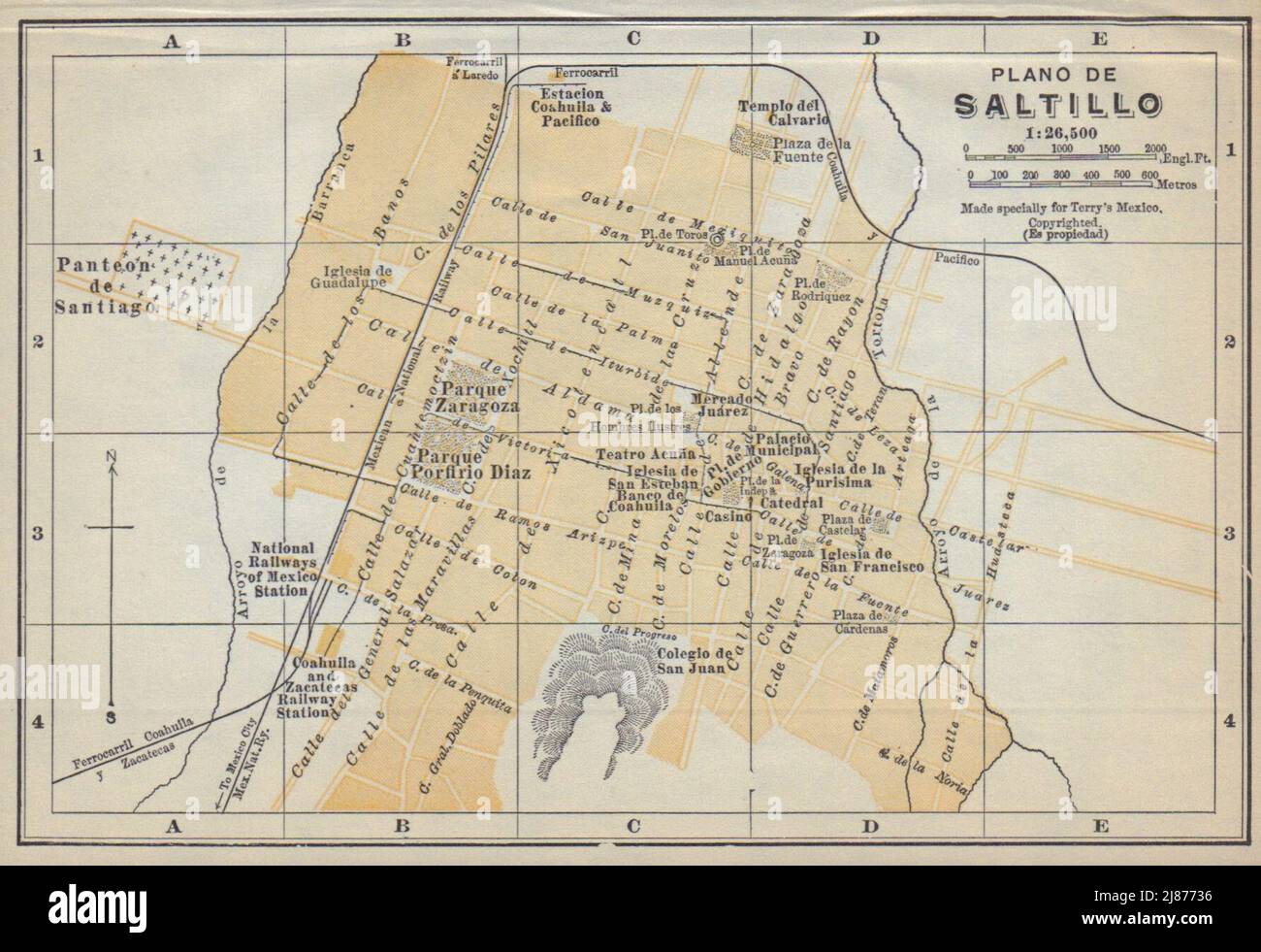 Plano de SALTILLO, Mexiko. Mapa de la ciudad. Stadtplan 1938 alt Stockfoto