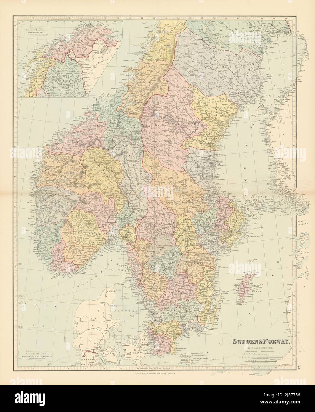 Die politischen Spaltungen Skandinaviens. Schweden Lans. Norwegen Amts. Karte VON STANFORD 1887 Stockfoto