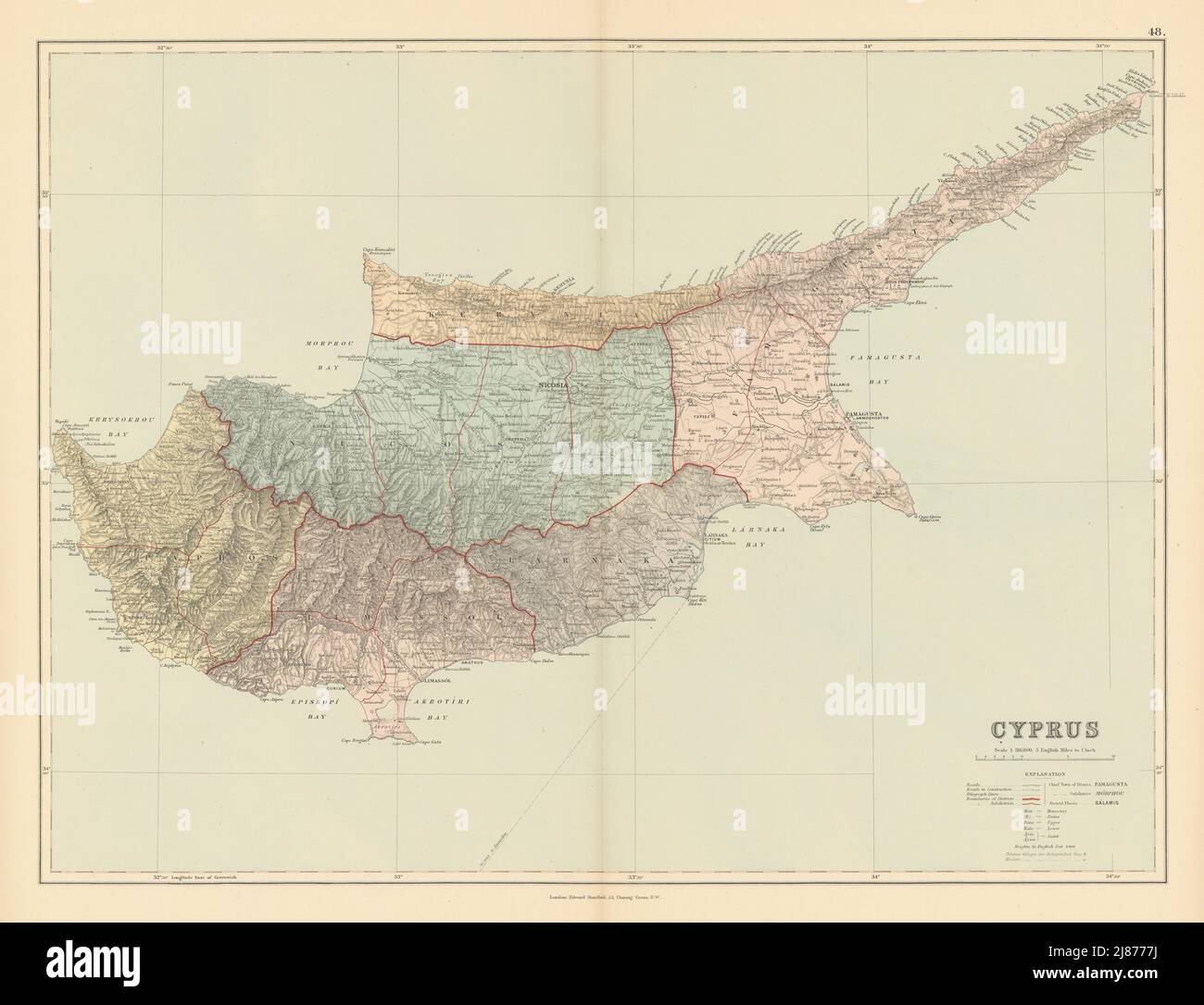 Zypern. Famagusta Kerynia Larnaca Limassol Nicosia Paphos. Karte VON STANFORD 1887 Stockfoto