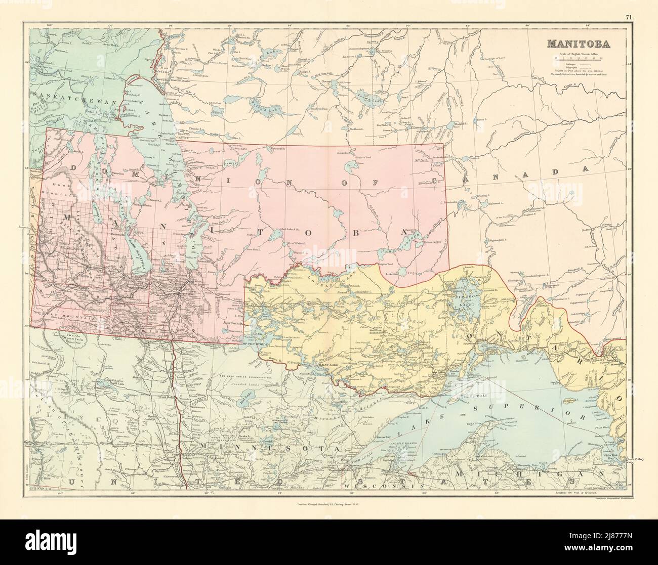 Manitoba zeigt unerkannte Grenzen. 51x65 cm. Kanada. STANFORD 1887 alte Karte Stockfoto