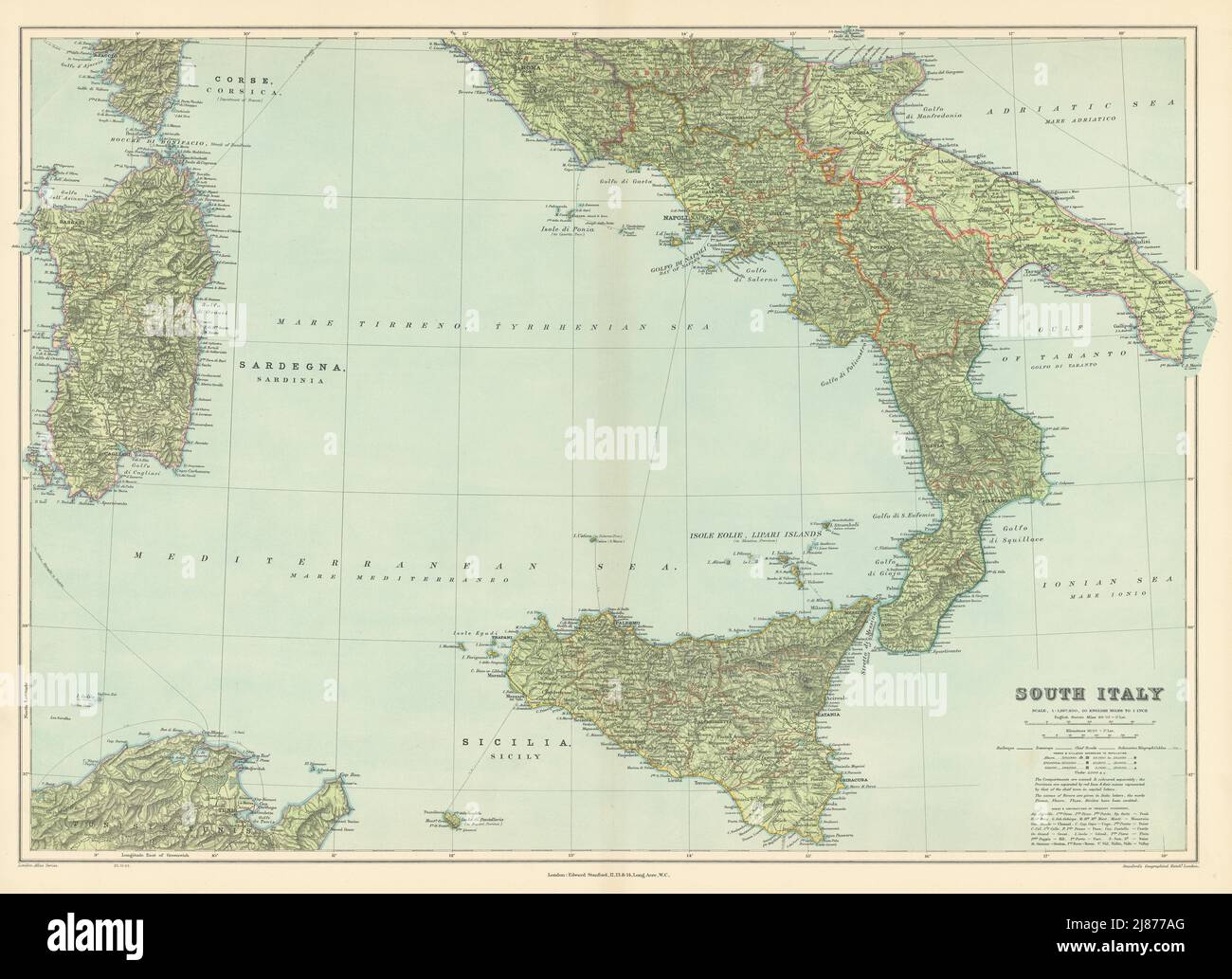 Süditalien. Sizilien Kalabrien Apulien Abruzzen Latium Kampanien. Karte VON STANFORD 1904 Stockfoto
