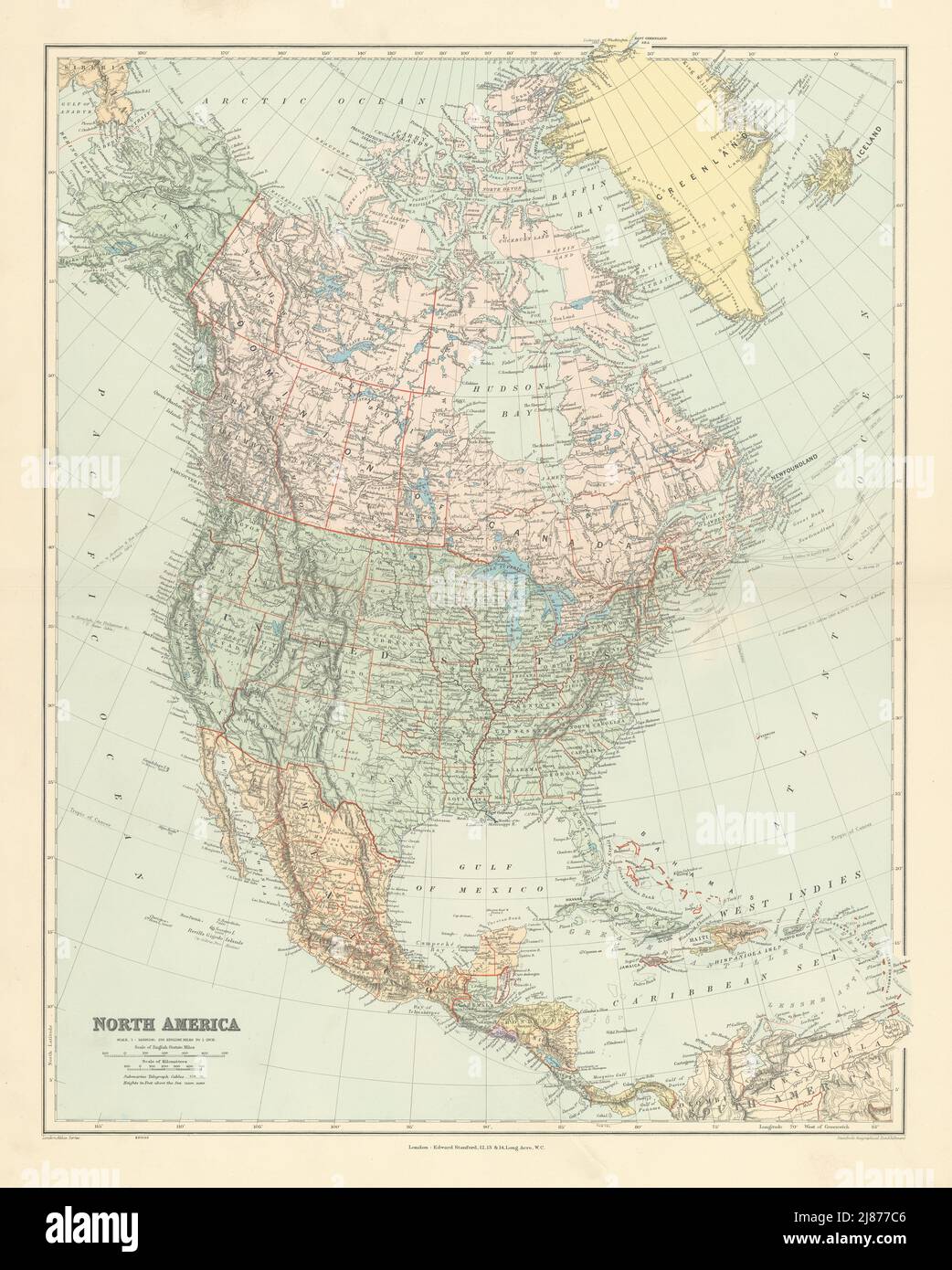 Nordamerika. Vereinigte Staaten Kanada Mexiko Grönland. 65x52cm STANFORD 1904-Karte Stockfoto