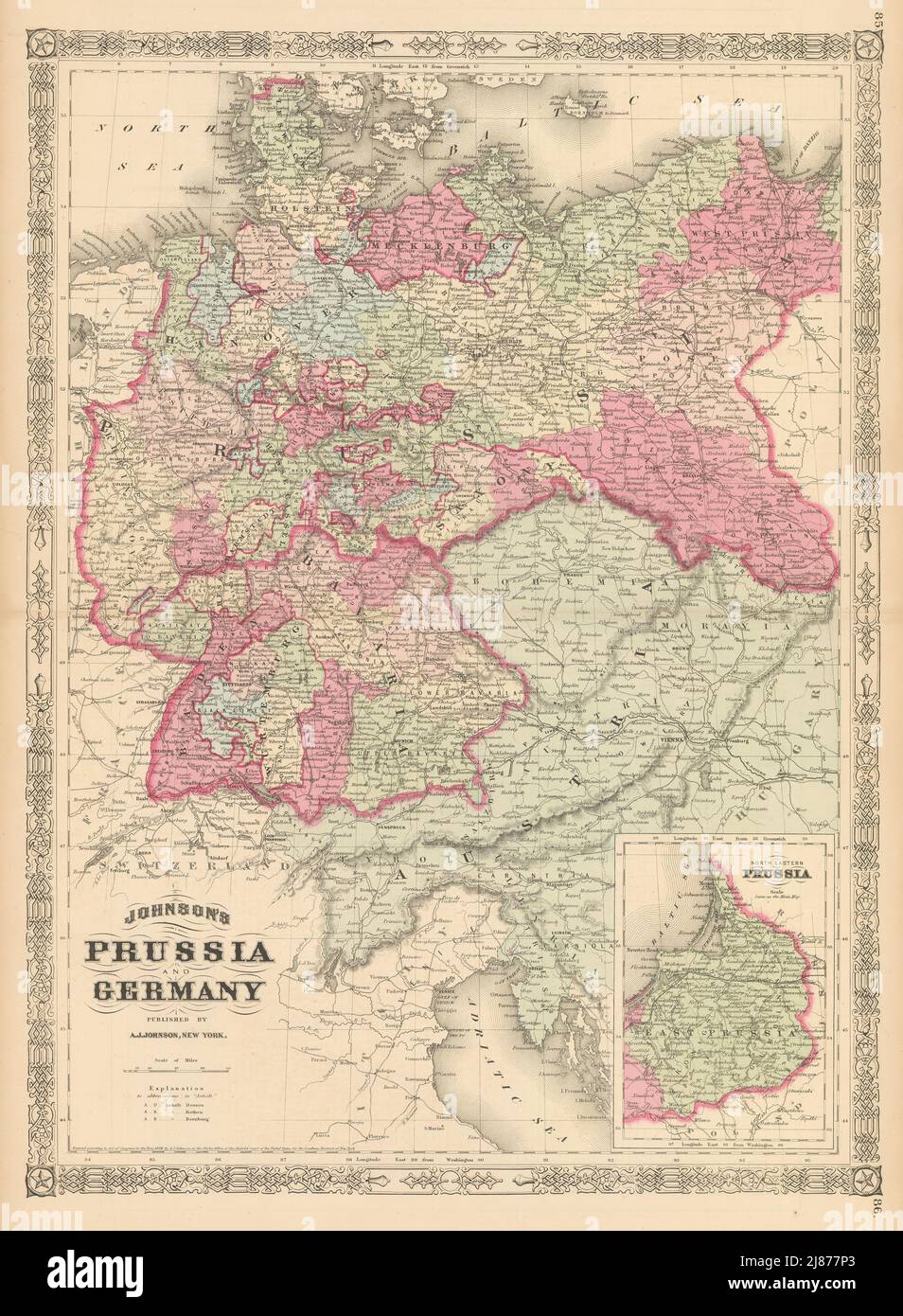 Johnsons Preußen und Deutschland. Sachsen Schlesien Bayern Vorpommern Polen 1867 Karte Stockfoto
