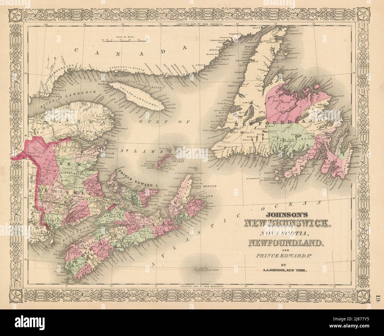 Johnson's New Brunswick, Nova Scotia, Neufundland & Prince Edward ID. 1867 Karte Stockfoto