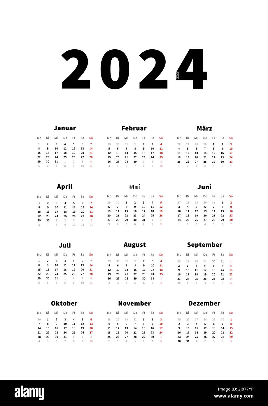 2024 Jahre einfacher vertikaler Kalender in deutscher Sprache