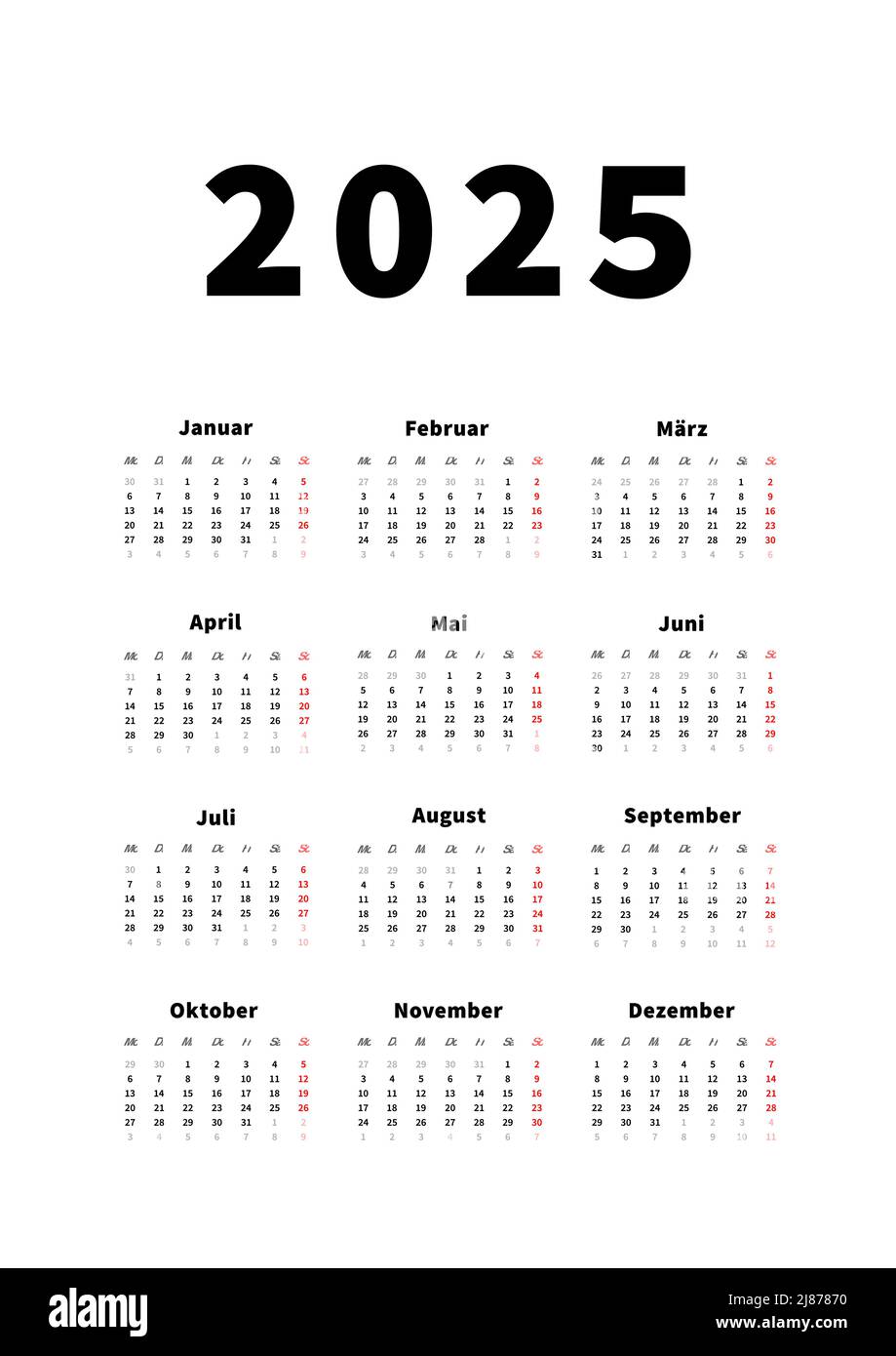 2025 Jahre einfacher vertikaler Kalender in deutscher Sprache