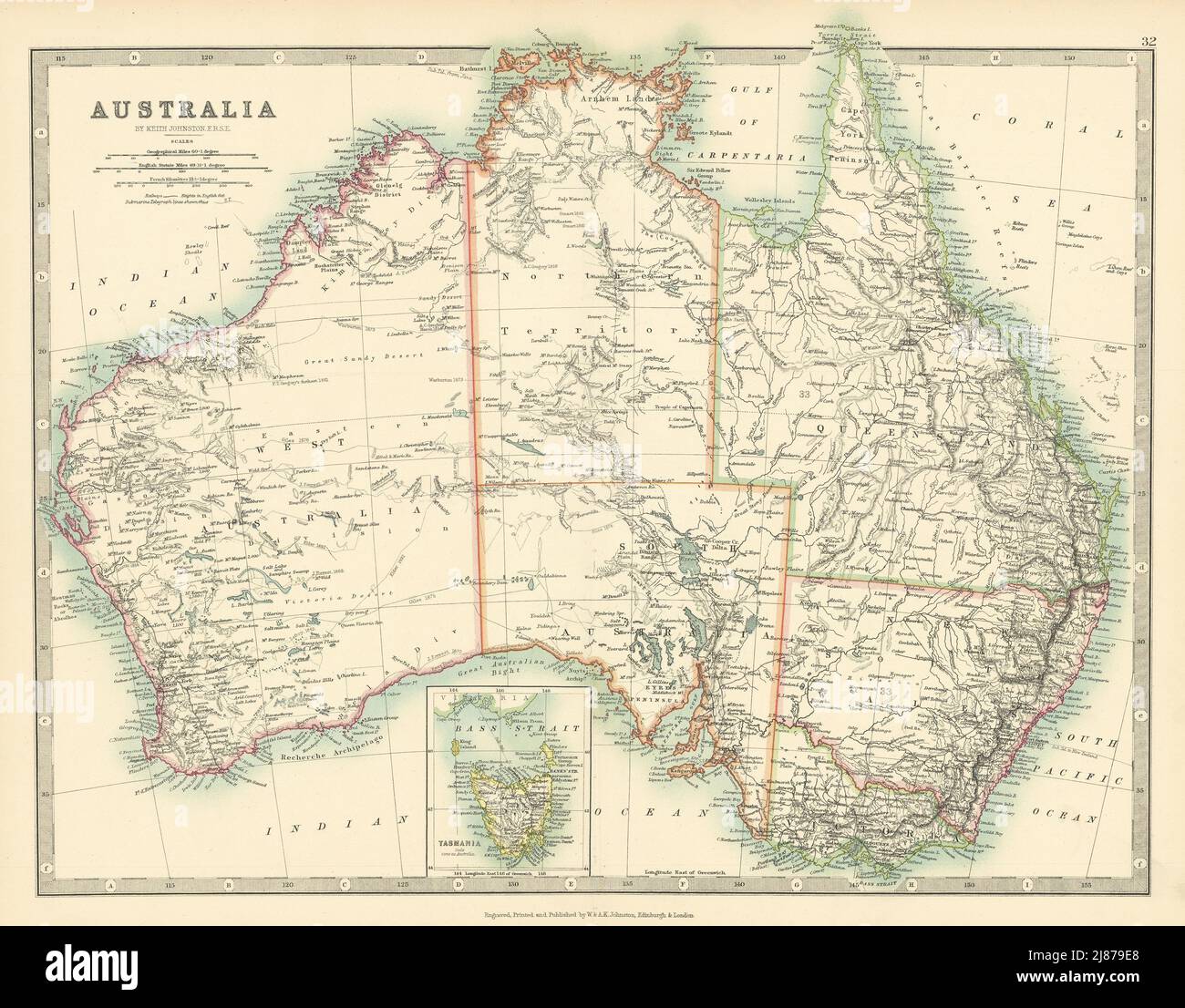 AUSTRALIEN Entdecker-Routen mit Datum angezeigt Railways JOHNSTON 1897 alte Karte Stockfoto