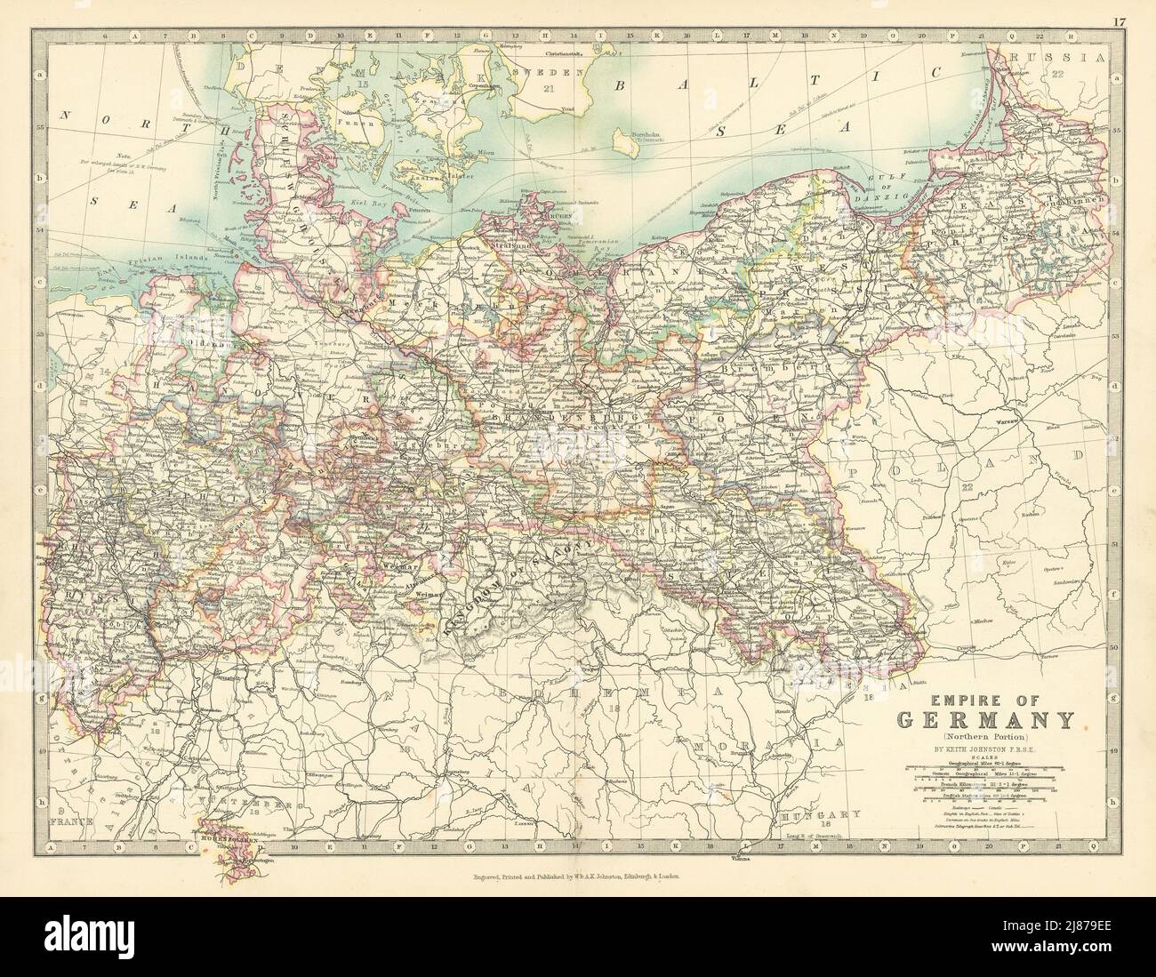DEUTSCHES REICH NORDPREUSSEN Polen &c Eisenbahnen Kanäle JOHNSTON 1897 alte Karte Stockfoto