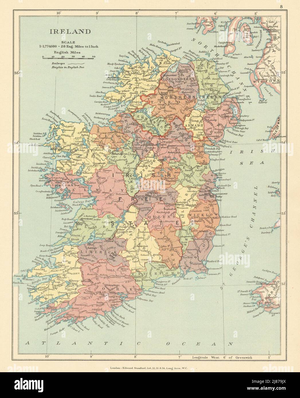 Irland. Irish Free State & Nordirland in Grafschaften. Karte VON STANFORD c1925 Stockfoto