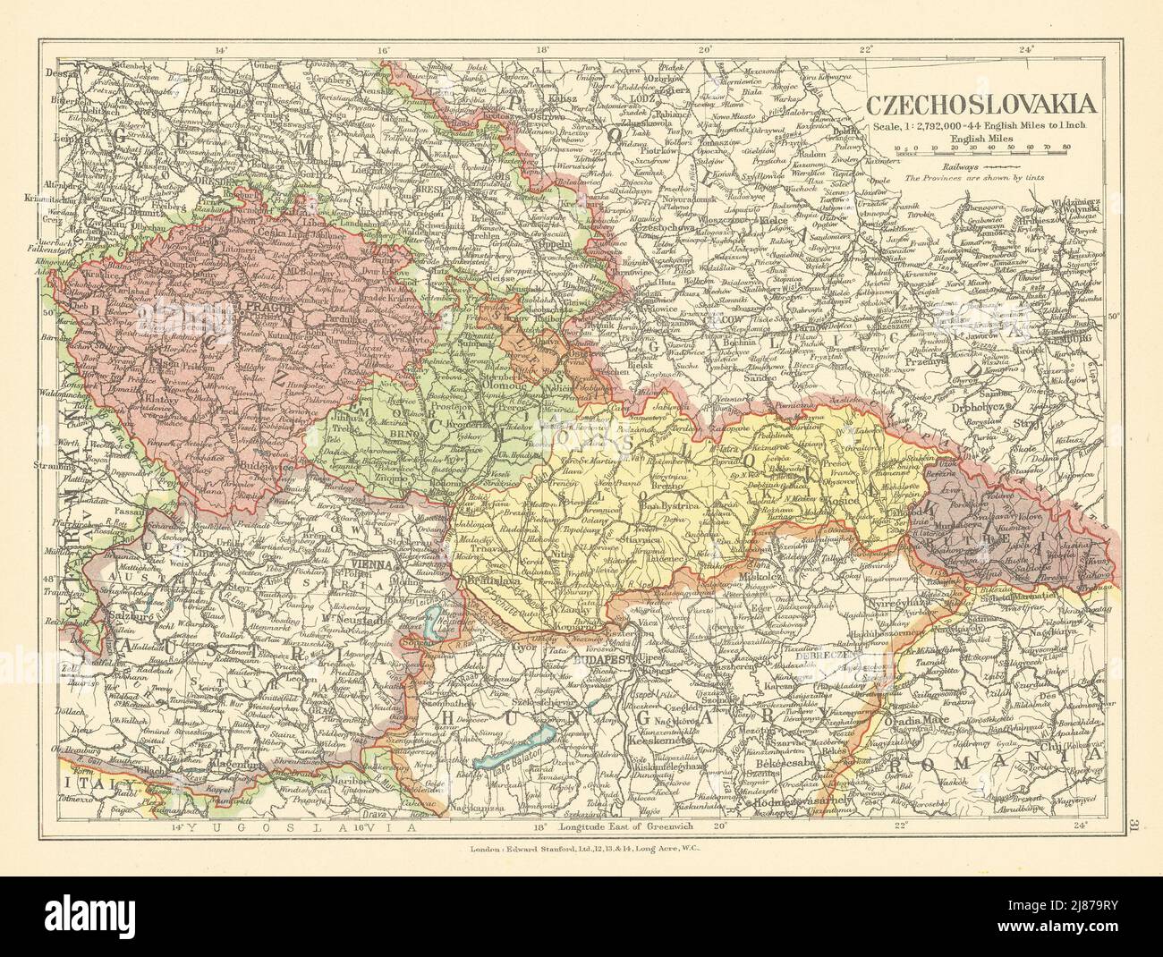 Tschechoslowakei inc. Karpatenruthenien. Böhmen Mähren. Karte VON STANFORD c1925 Stockfoto