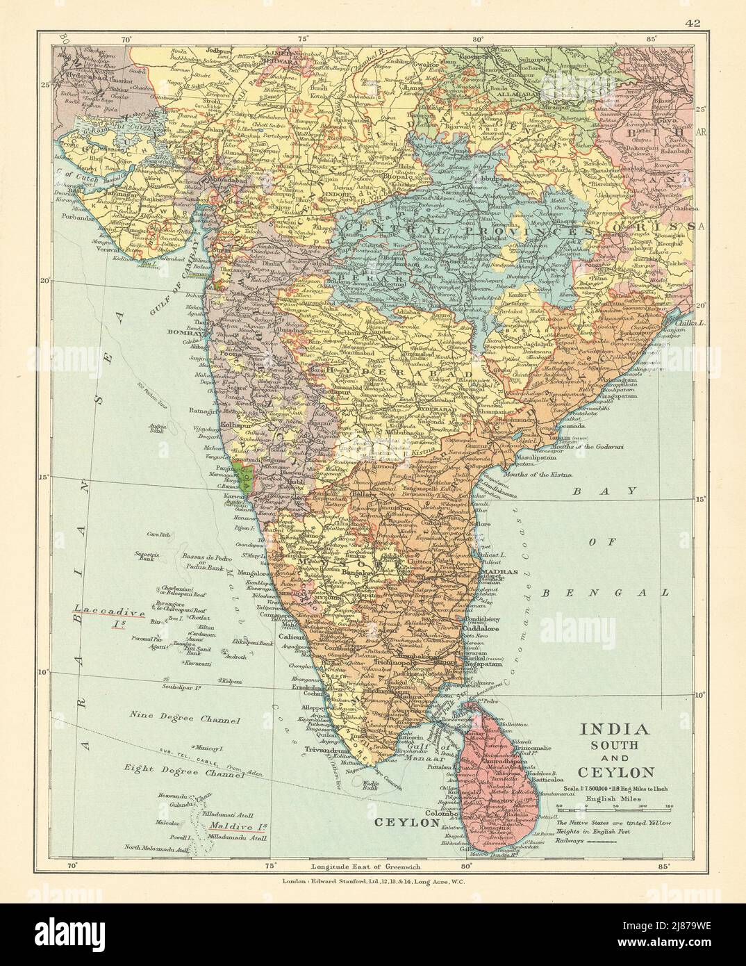 British India South und Ceylon. Sri Lanka. Native States. Karte VON STANFORD c1925 Stockfoto