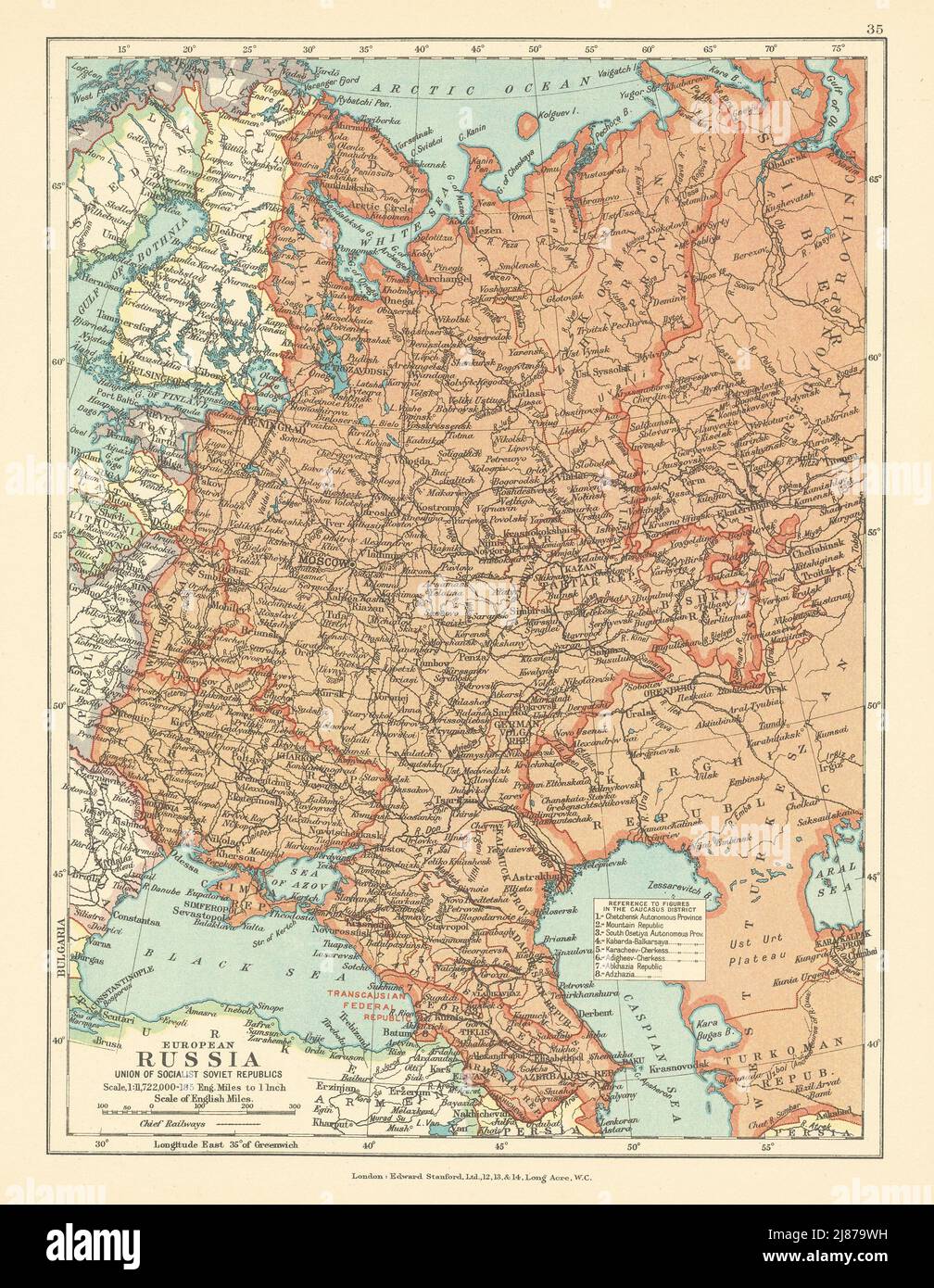 Europäisches Russland, UdSSR. Transkaukasische Bundesrepublik. STANFORD c1925 alte Karte Stockfoto