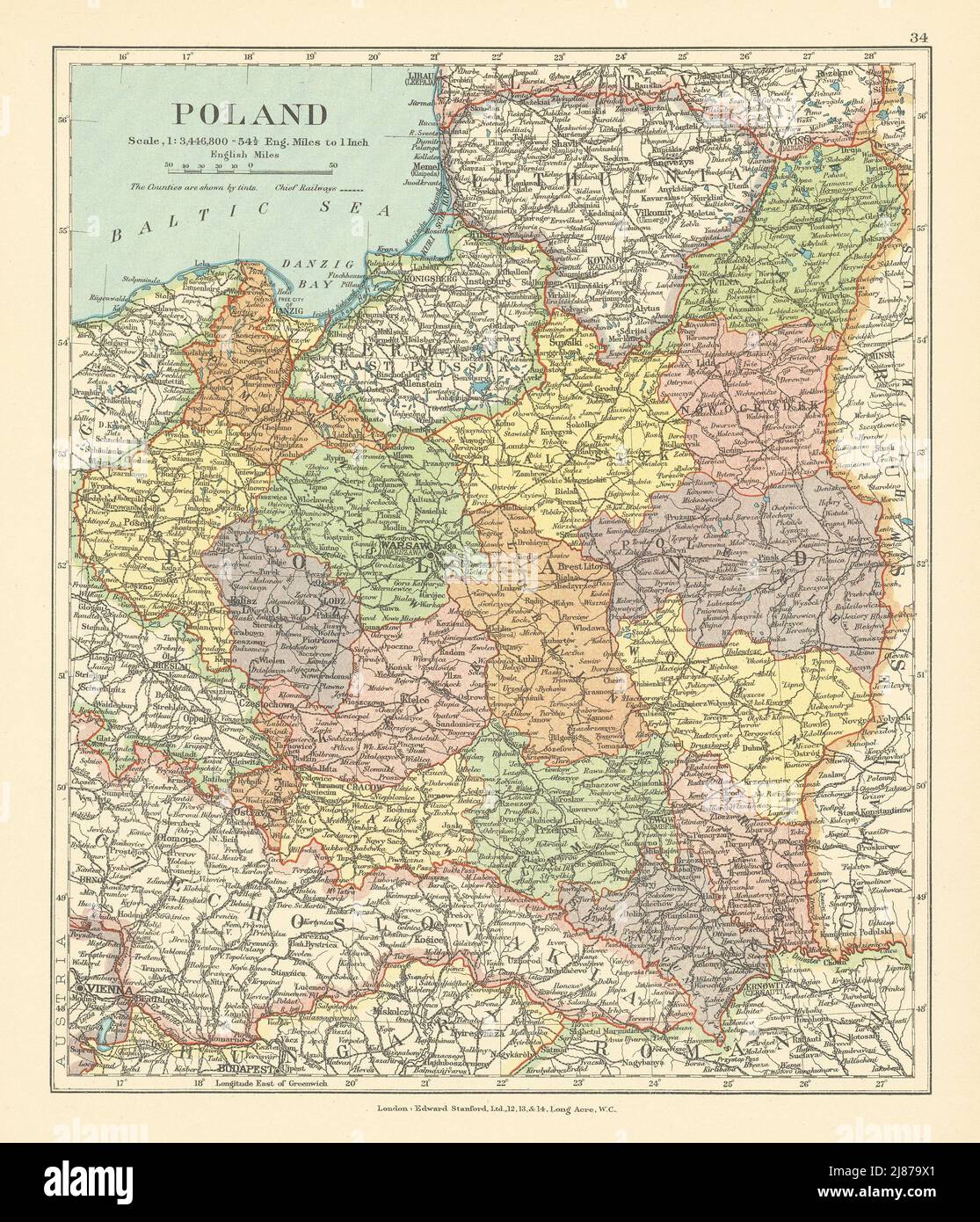 Polen. Freie Stadt Danzig. Ostpreußen. Litauen. STANFORD c1925 alte Karte Stockfoto