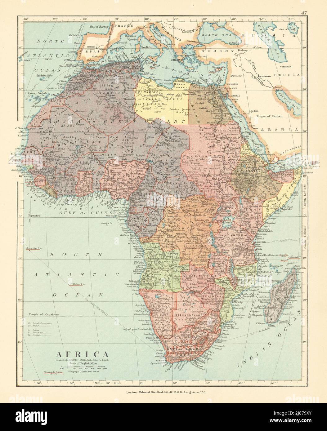 Afrika. Französisch West/Äquatorial. Tanganjika Belgischer Kongo. Karte VON STANFORD c1925 Stockfoto