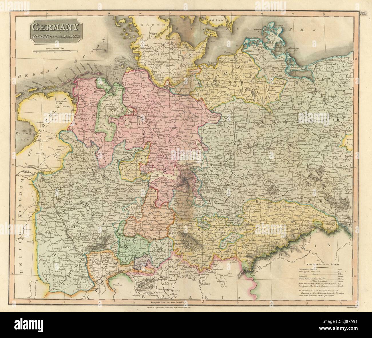 "Deutschland, nördlich der Mayne" (Main). Preußen Hannover Sachsen. THOMSON 1817 Karte Stockfoto