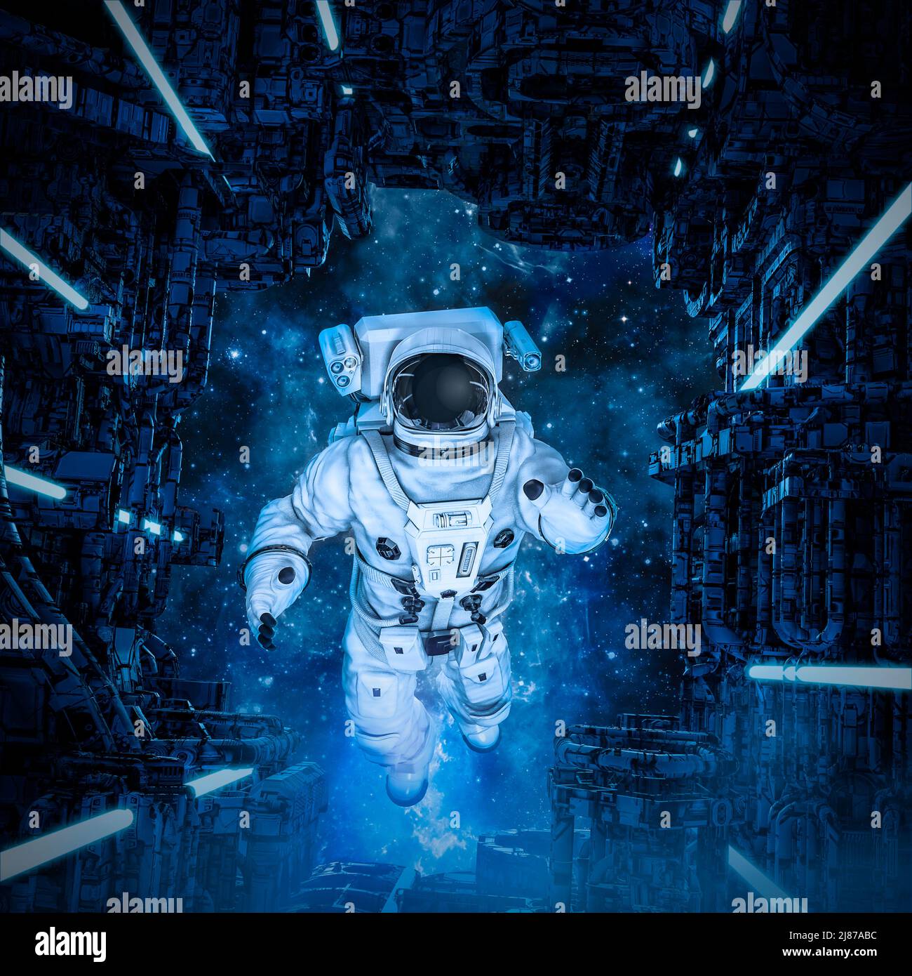 Astronaut in Luftschleuse - 3D Illustration von Science-Fiction Raum suited Figur Erforschung Alien-Schiff Stockfoto