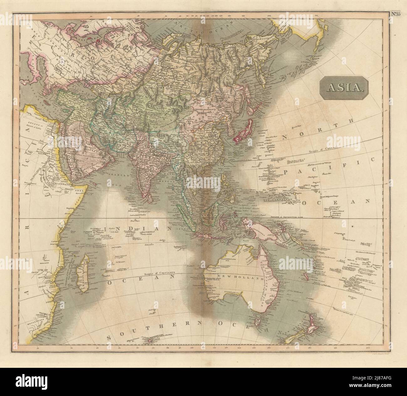 "Asien" auf gnomonischen Projektion. Phantom Los Jardines Inseln. THOMSON 1817 Karte Stockfoto