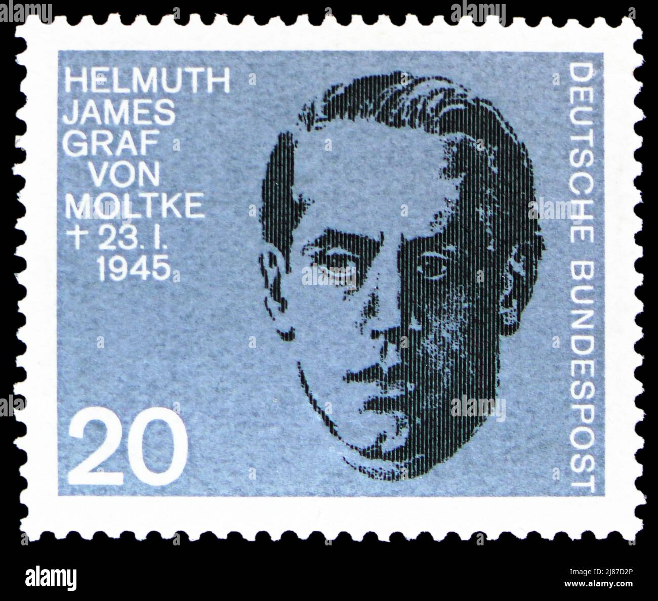 MOSKAU, RUSSLAND - 10. APRIL 2022: In Deutschland gedruckte Briefmarke zeigt Moltke, Helmut James Graf von, 20.. Jahrestag des Attentats auf Ad Stockfoto