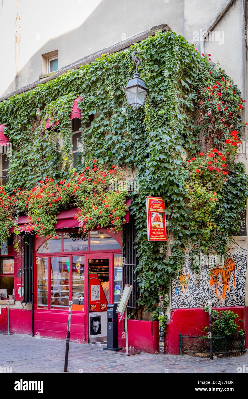 Ivy Covered das israelische Restaurant „Le Sélez Marianne“ im Marais, Paris, Ile-de-France, Frankreich Stockfoto