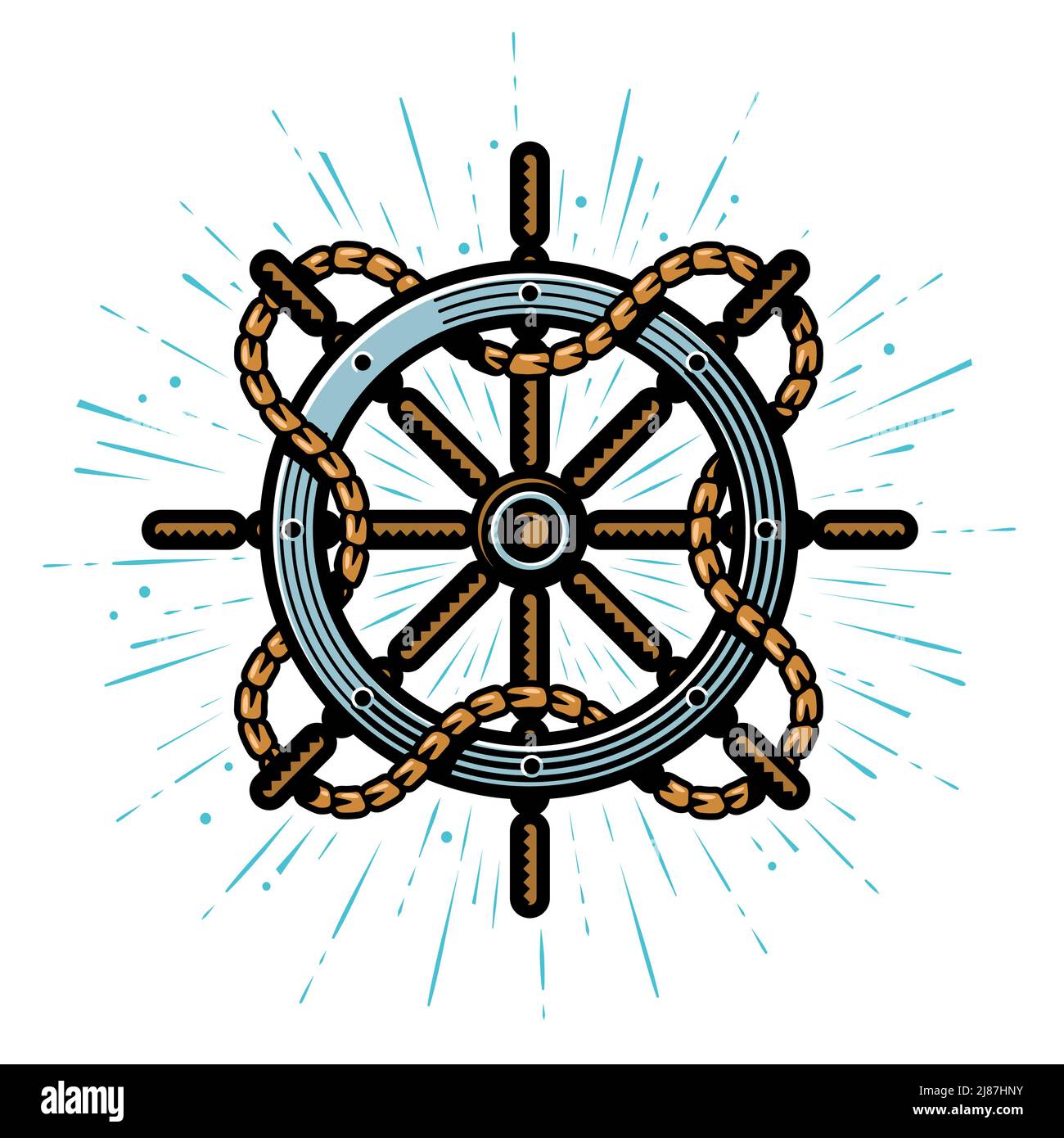 Schiffslenkrad und Seil isoliert auf weißem Hintergrund. Symbol für die Seefahrt. Vektor des Meereskonzepts Stock Vektor