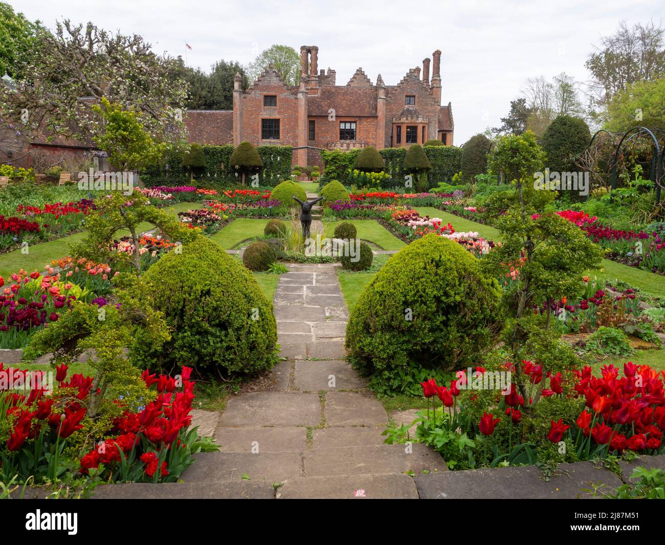 Chenies Manor Garden.Blick auf das Tudor Manor vom schönen versunkenen Garten mit vielen Tulpenarten in voller Blüte. Rot, pastellrosa, lila Blüten. Stockfoto