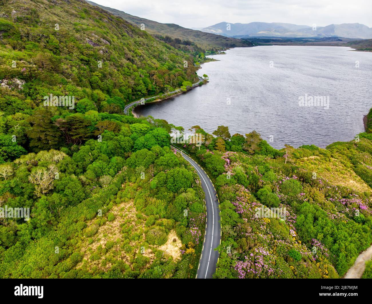 Straße Wicklung in Connemara Region in Irland. Malerische irische Landschaft Landschaft, Ansicht von oben, County Galway, Irland. Stockfoto