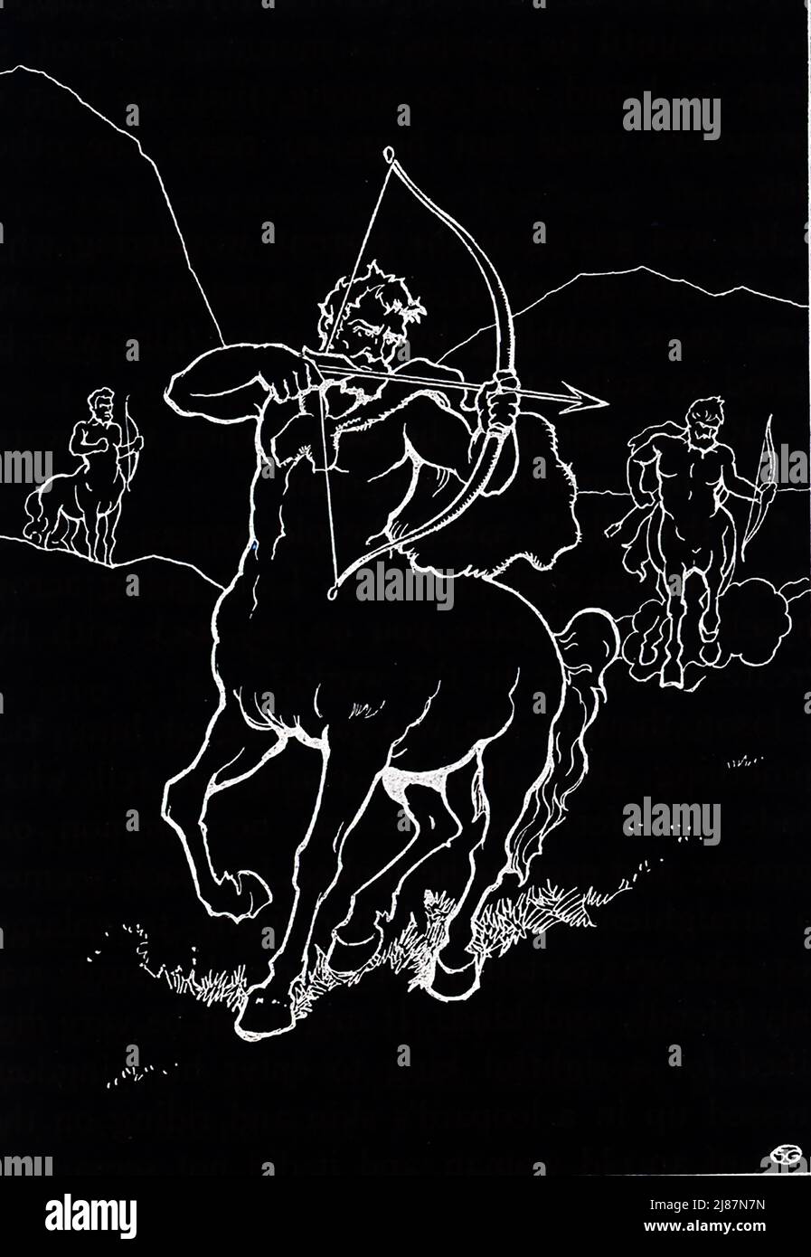 In diesem Bild von 1915 ist ein Centaur abgebildet. In der griechischen Mythologie waren die Zentauren Kreaturen, die halb Mann und halb Pferd waren. Chiron galt als der älteste und klügste Centaur. Er soll den jungen Jason betreut haben. Chiron war der Sohn von Cronos. Stockfoto