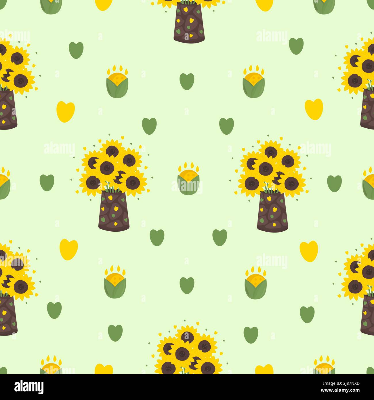 Sonnenblumen in Vase auf hellgrünem Hintergrund Stock Vektor