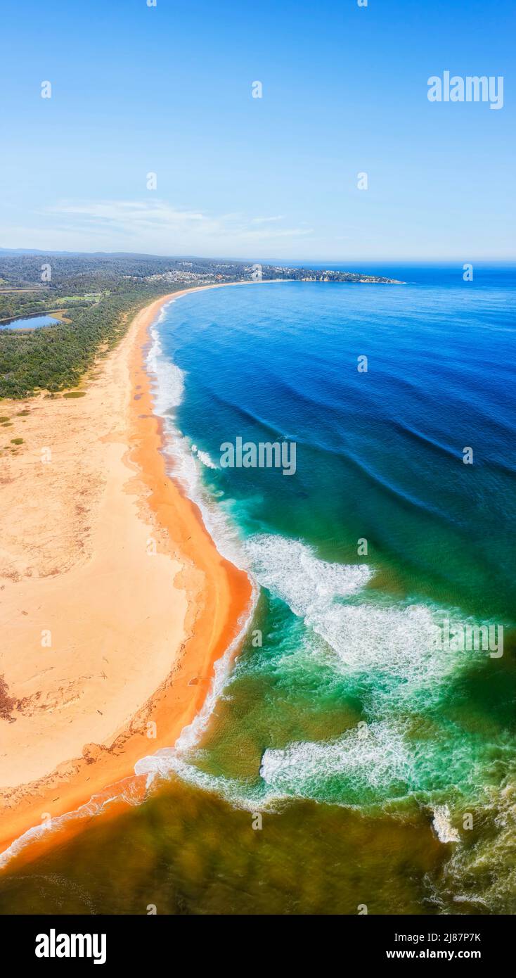 Lange geschwungene Linie des sandigen Tathra-Strandes an der Sapphire-Küste des australischen pazifiks - vertikales Meerespanorama aus der Luft. Stockfoto