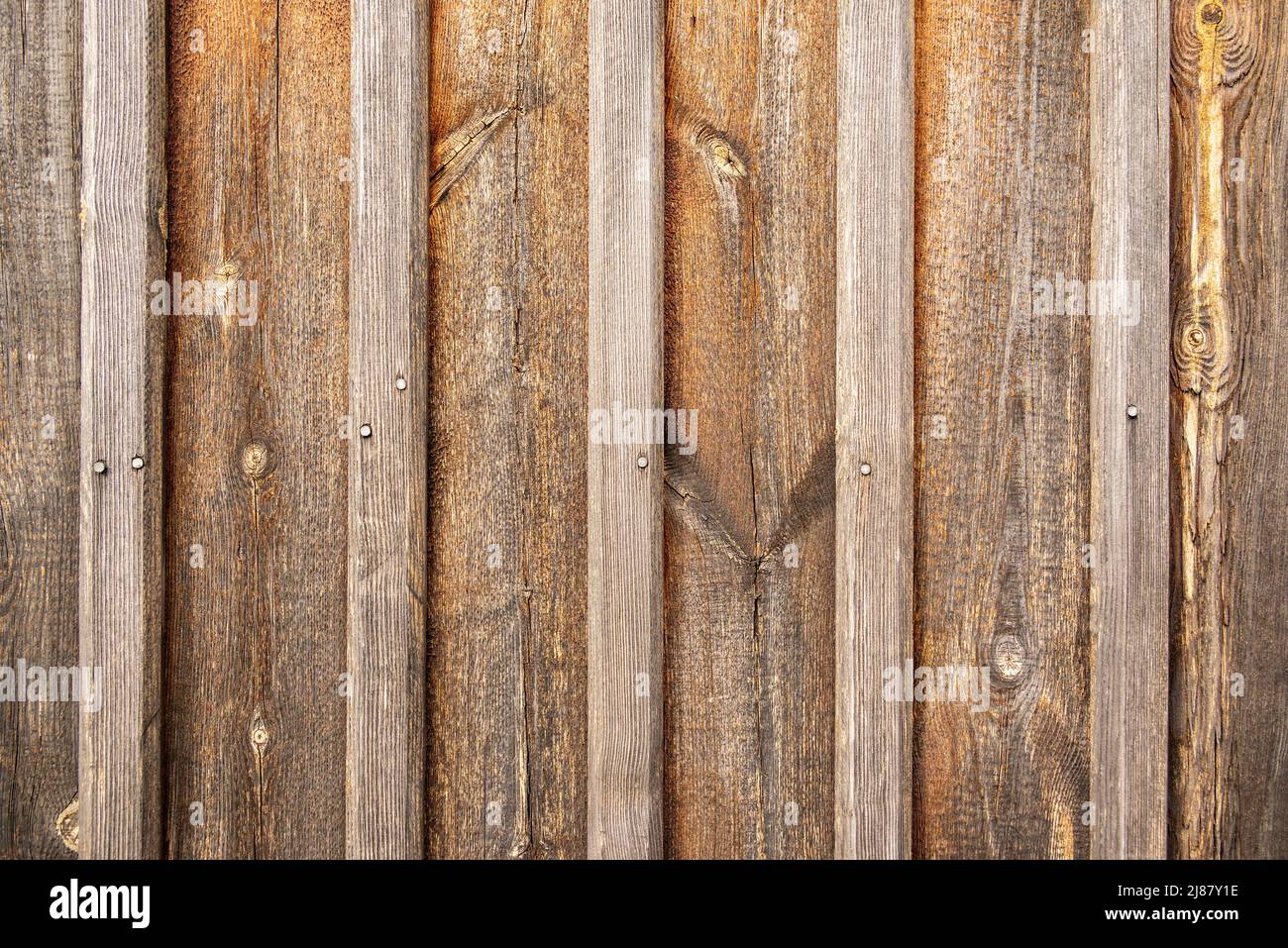 Hintergrundstruktur der Holzwand eines traditionellen isländischen Rasenhauses, Skaftafell, Island Stockfoto