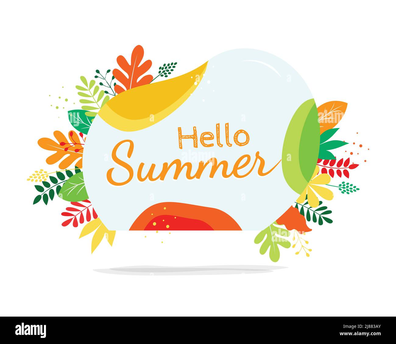 Hello Summer Banner auf blauer Blase mit hellen Blättern Illustration. Stock Vektor