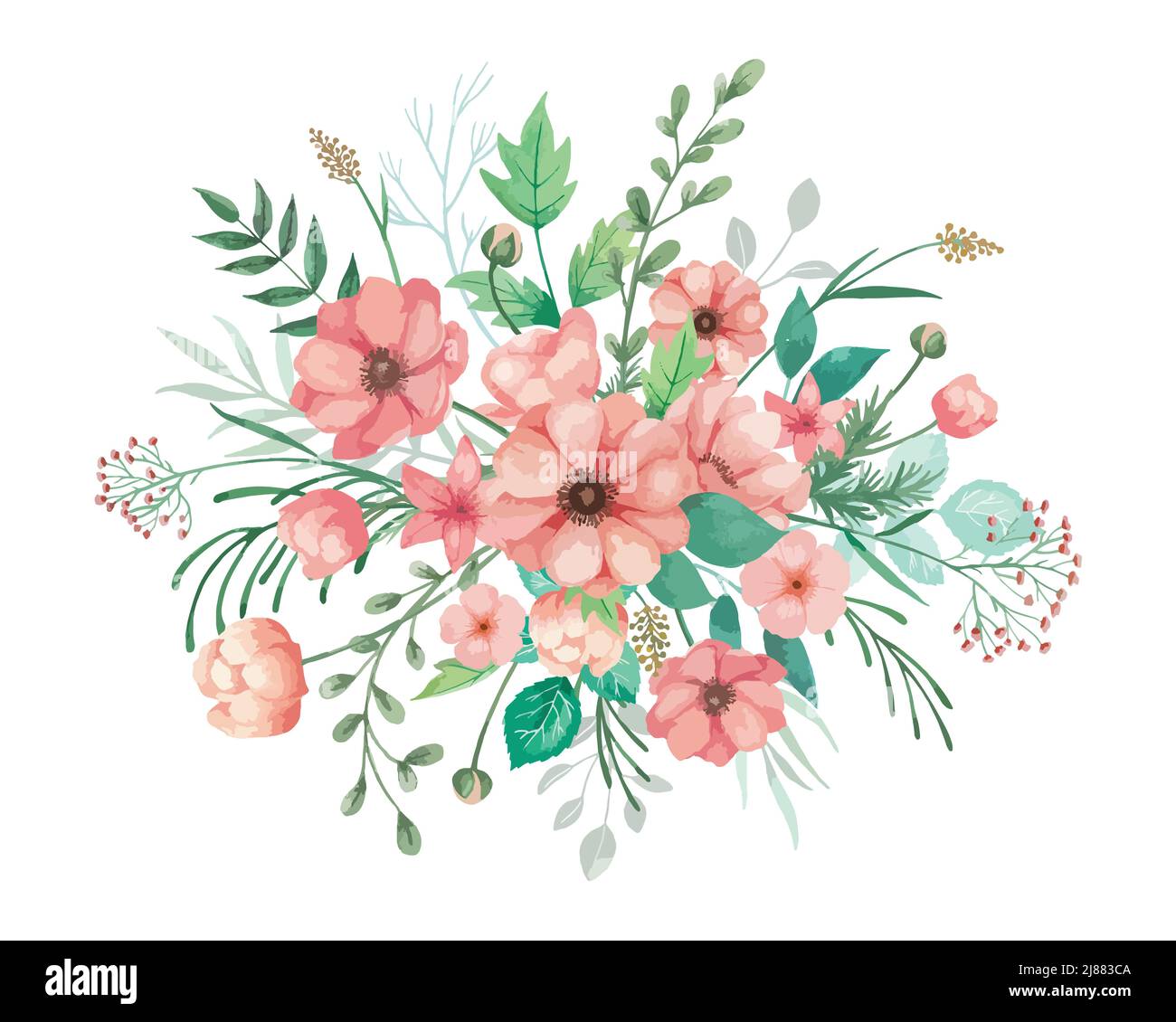 Aquarell-Blüten illlustriert für Hochzeitseinladung mit korallenen Anemonen, Knospen und grünen Blättern. Blumenarrangement mit weißem Hintergrund. Stock Vektor