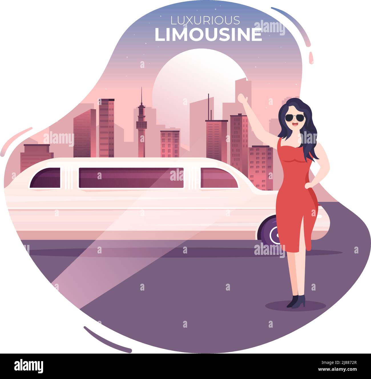 VIP Limousine Auto von rotem Teppich für Celebrity Superstar Walk mit Nacht City Landscape View in flacher Cartoon Illustration Stock Vektor