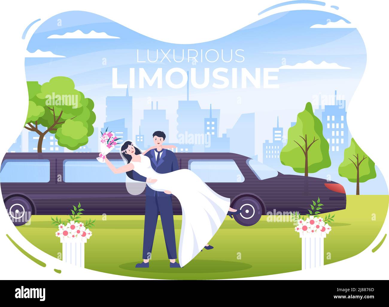 Limousine auf Hochzeitszeremonie mit Bildern von Auto, Männern und Frauen tragen verheiratete Kleider in flacher Cartoon-Illustration Stock Vektor