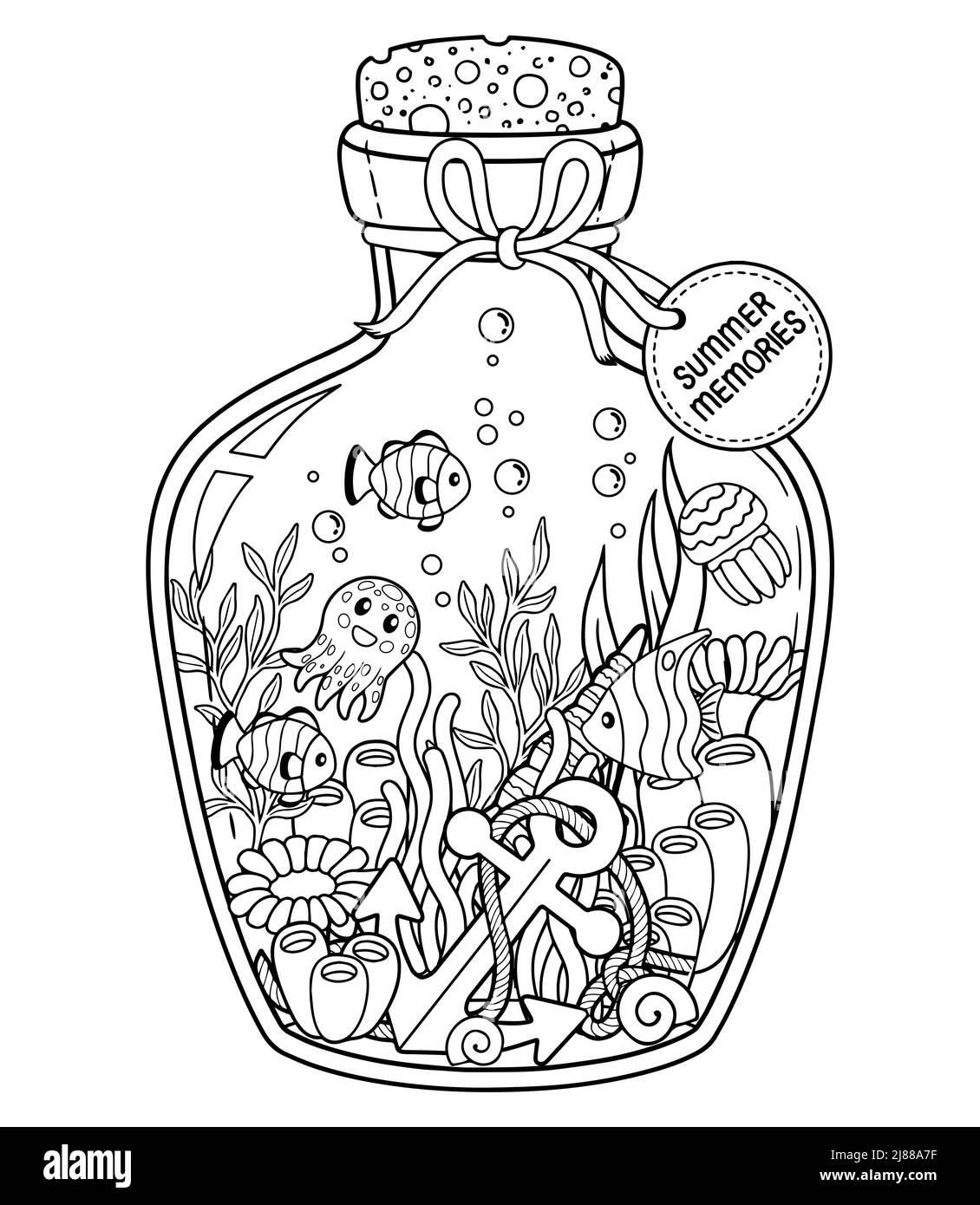 Schwarz-Weiß Malbuch Seite für Erwachsene. Unterwasserleben in einer Glasflasche, Meerestiere, Algen und Muscheln für Sommererinnerungen Stock Vektor