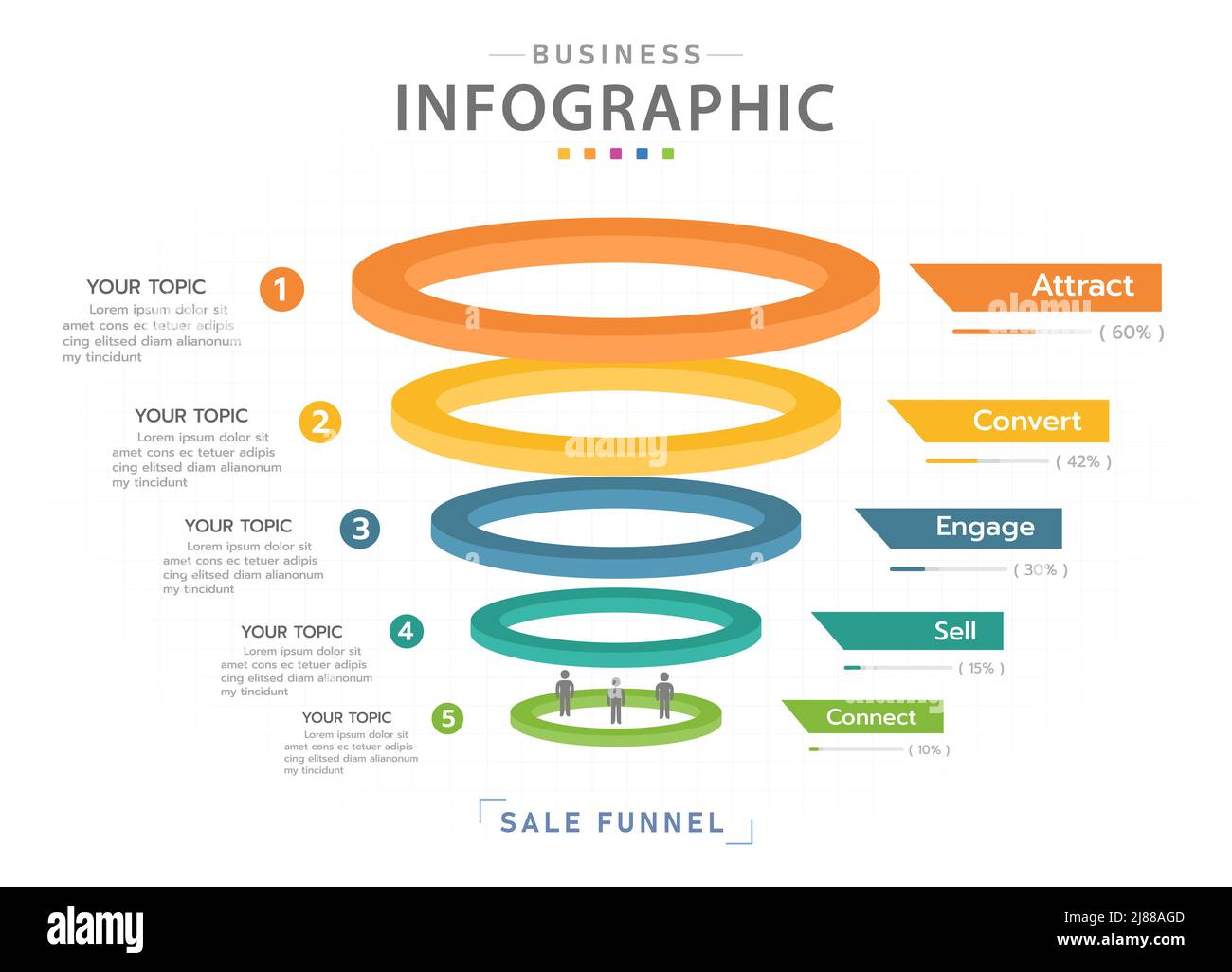 Infografik-Vorlage für Unternehmen. 5 Level Modern Sales Trichter Diagramm mit Prozentsatz, Präsentationsvektor Infografik. Stock Vektor