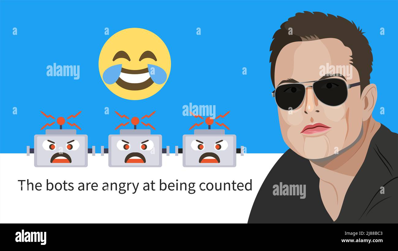 14. Mai 2022, Elon Musk twitterte: Bots sind wütend, weil sie als, sowie ein Schrei-lachen Emoji angesehen werden. Stockfoto
