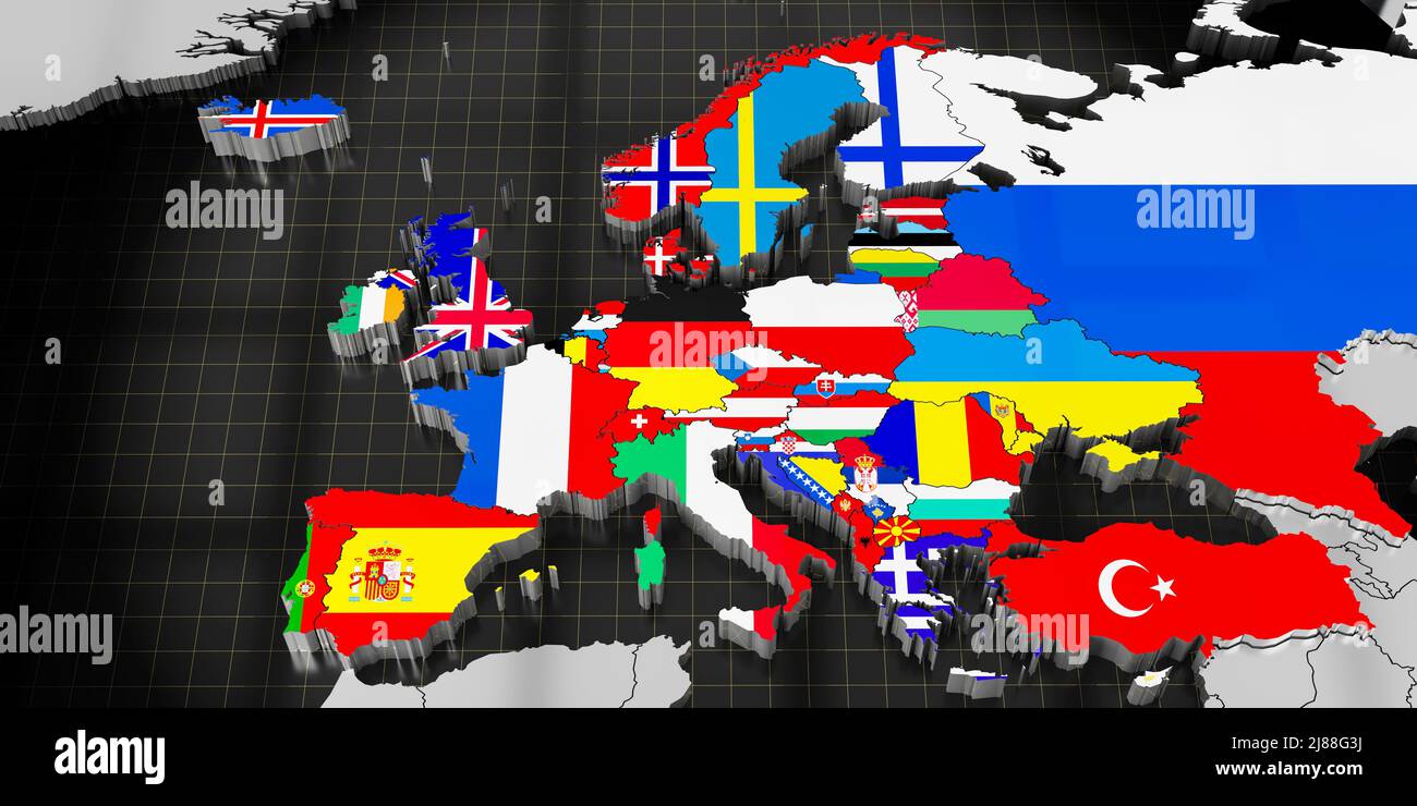 Karte von Europa, internationale Flaggen - 3D Abbildung Stockfoto