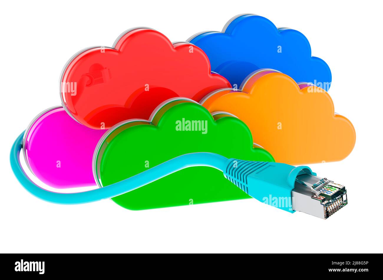 Storage-Service für farbige Wolken mit lan-Internet-Kabel, 3D Rendering isoliert auf weißem Hintergrund Stockfoto