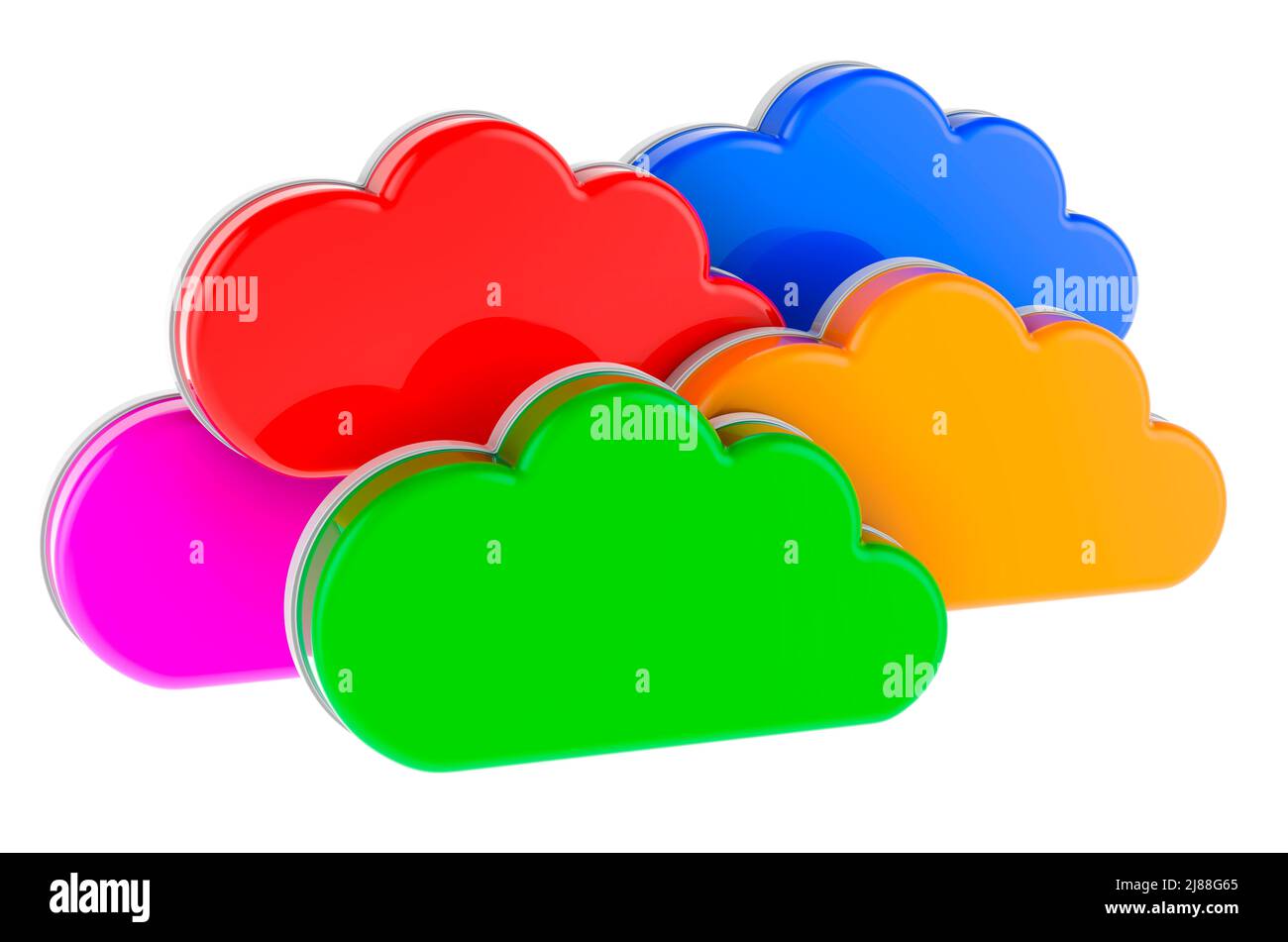Storage-Service für farbige Wolken, 3D Rendering isoliert auf weißem Hintergrund Stockfoto