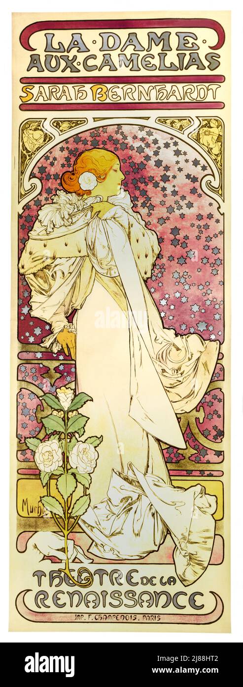 Ein Jugendstilplakat aus dem späten 19.. Jahrhundert, das Sarah Bernhardt als Camille zeigt, in voller Länge, vor einem Hintergrund aus silbernen Sternen, mit einer Hand unten links, die einen Zweig aus Kamelienblüten hält. Der Künstler ist Alphonse Mucha, (1860-1939) Stockfoto