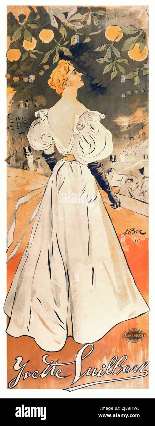 Ein Jugendstilplakat aus dem späten 19.. Jahrhundert, auf dem Yvette Guilbert, eine französische Kabarettsängerin und Schauspielerin der Belle Époque, vor einem Publikum steht. Der Künstler ist Ferdinand Bac (1859-1952) Stockfoto