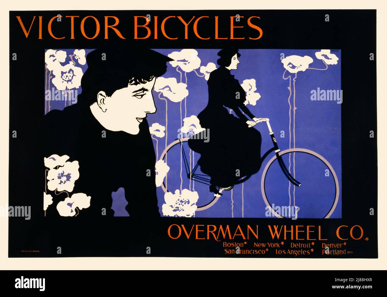 Ein amerikanisches Jugendstilplakat aus dem späten 19.. Jahrhundert von 1895 für Victor Bikes aus Boston, New York. Der Künstler ist will Bradley (1868-1962) Stockfoto
