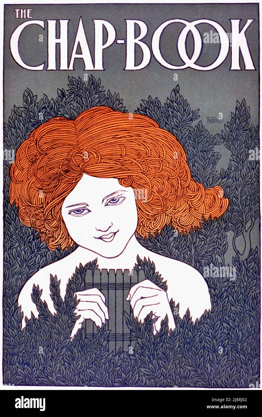Ein amerikanisches Jugendstilplakat aus dem späten 19.. Jahrhundert einer jungen Frau mit Pfeifen für das CHAP Book, eine amerikanische Literaturzeitschrift zwischen 1894 und 1898. Der Künstler ist will Bradley (1868-1962) Stockfoto