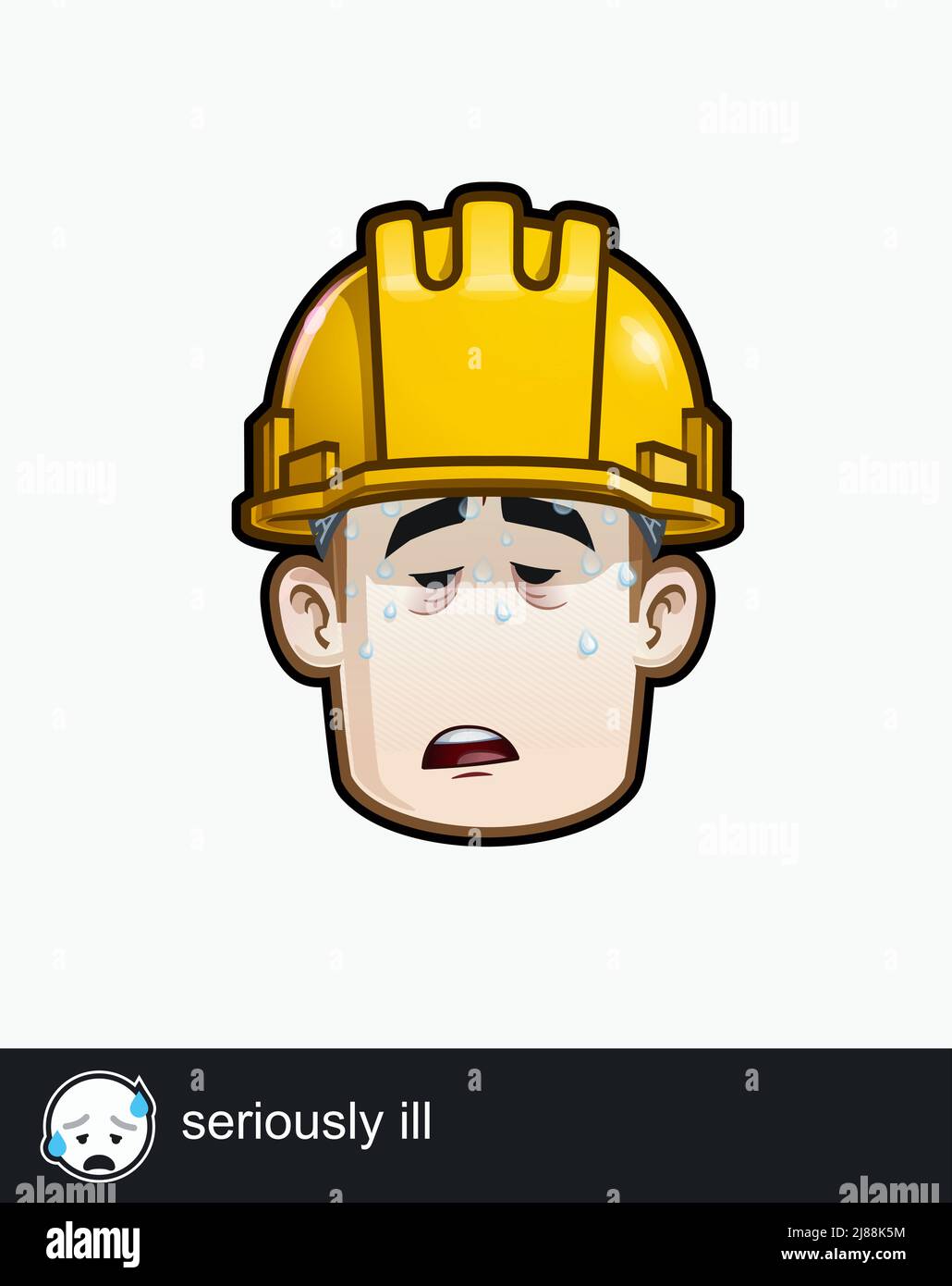 Ikone eines Bauarbeiters mit schwer kranker emotionaler Ausdruckskraft. Alle Elemente übersichtlich auf gut beschriebenen Ebenen und Gruppen. Stock Vektor