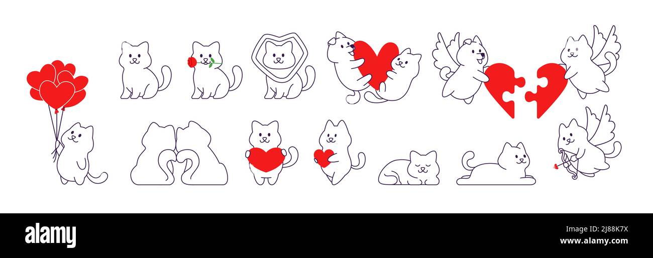 Cartoon niedlichen Katze und Hund Linie Stil in verschiedenen Posen für valentinstag Grußkarte oder Aufkleber Stock Vektor