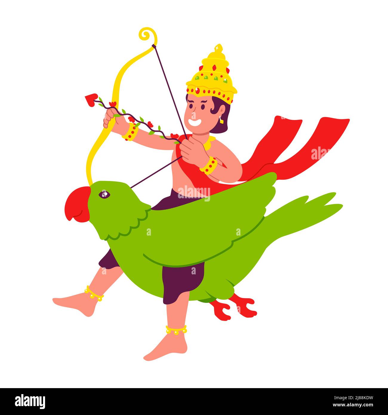 Der indische gott Kamadeva in goldenen Roben mit Schleife auf grünem Papagei. Indische Amor kamadeva Cartoon-Stil Vektor-Illustration für Valentinstag Tageskarte oder poste Stock Vektor