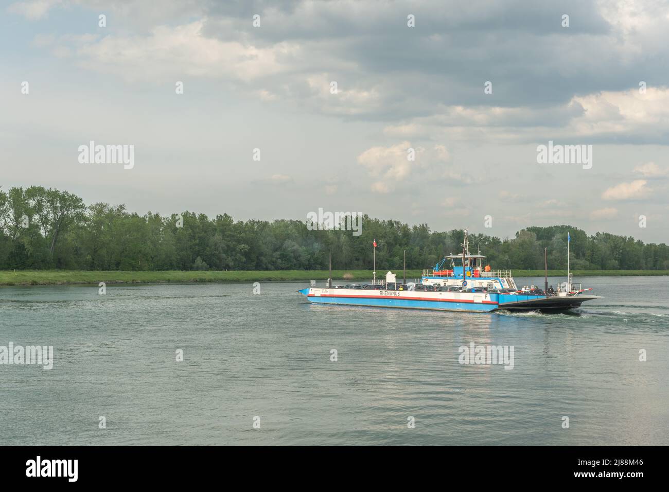 Fähre von Rhinau - Kappel mit Fahrzeugen und Passagieren von Deutschland nach Frankreich. Stockfoto